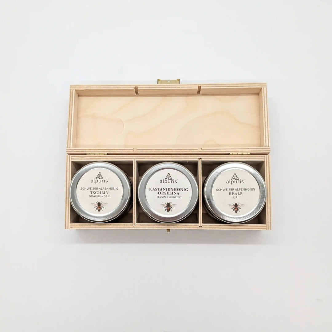 3 Alpenhonige in der puren Holzbox