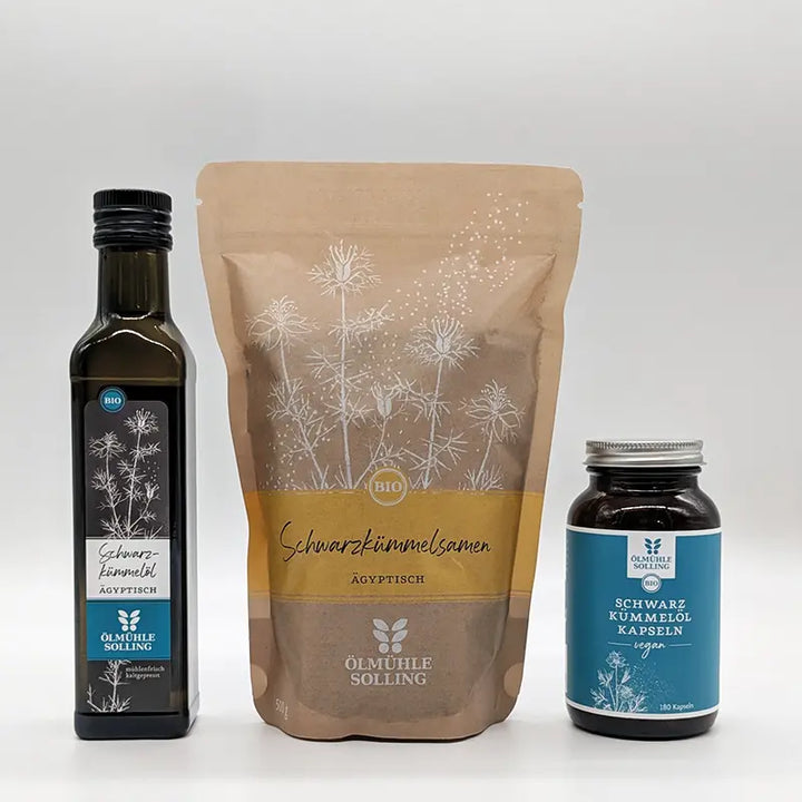 Biologisches Schwarzkümmelöl, Schwarzkümmelsamen und Schwarzkümmelöl in Kapseln im Trio kaufen I www.bio-vivo.ch