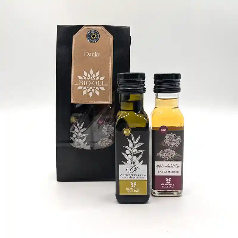 Geschenkset Mini von der Ölmühle Solling mit Bio Olivenöl und Holunderblütenessig I www.bio-vivo.ch