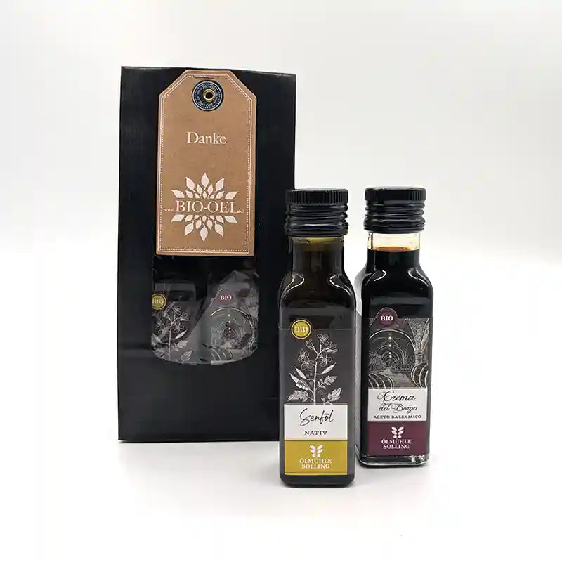 Kundengeschenk Danke Mini enthält 100ml Crema del Borgo und 100ml reines Senföl I www.bio-vivo.ch