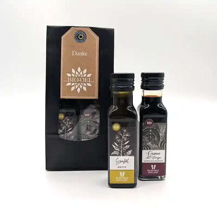 Kundengeschenk Danke Mini enthält 100ml Crema del Borgo und 100ml reines Senföl I www.bio-vivo.ch