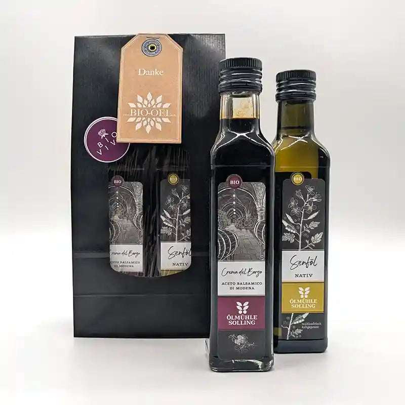 Kundengeschenk Danke Maxi enthält 250ml Crema del Borgo und 250ml reines Senföl I www.bio-vivo.ch