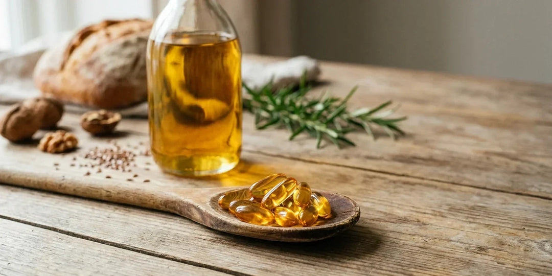 Omega-3 Fischöl Kapseln auf Holzlöffel mit Ölflasche, Walnüssen und Rosmarin auf Holztisch