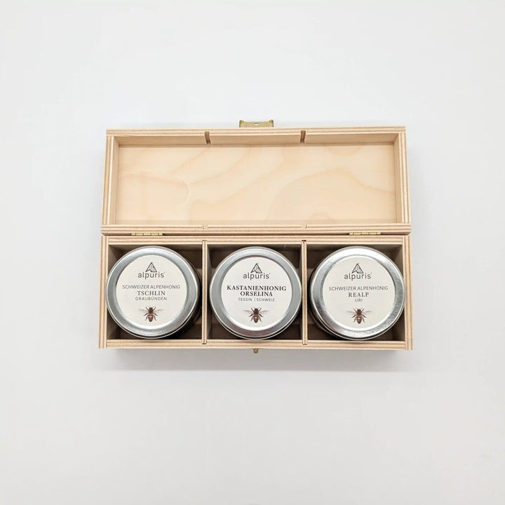 3 Alpenhonige in der puren Holzbox