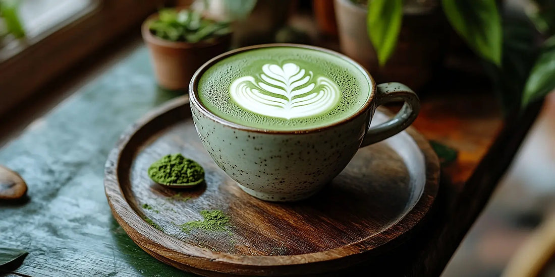 Cremiger Matcha Latte mit Latte-Art in Keramiktasse auf Holzuntersetzer
